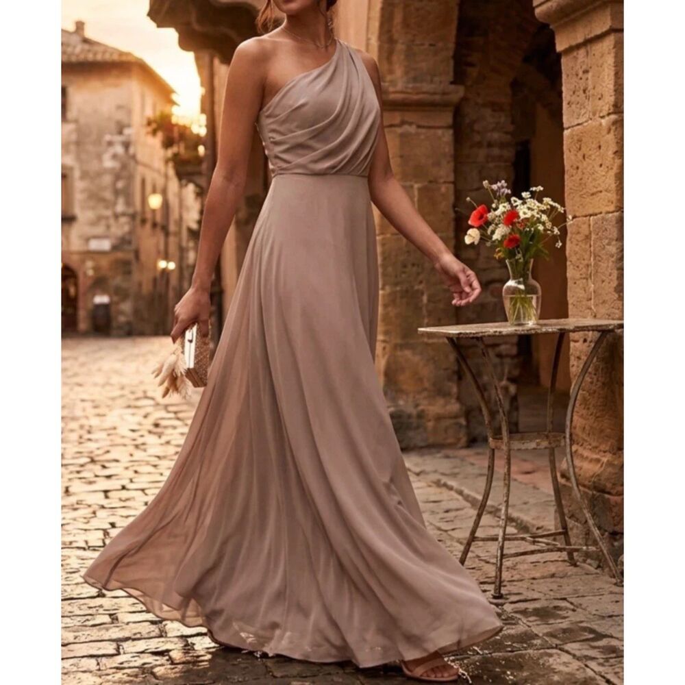 Birdy Grey Maxi Dress Womens XL Kira Chiffon Taupe Bridesmaid Gown Formal New